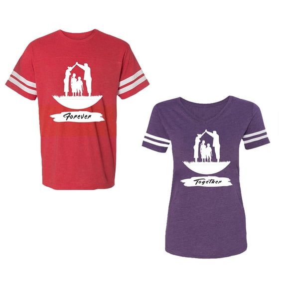 Forever Together Unisex Couple Matching Cotton Jersey style T-Shirt Contrasting stripes on sleeves (Men Red / Women Purple) (Men XL / Women S)