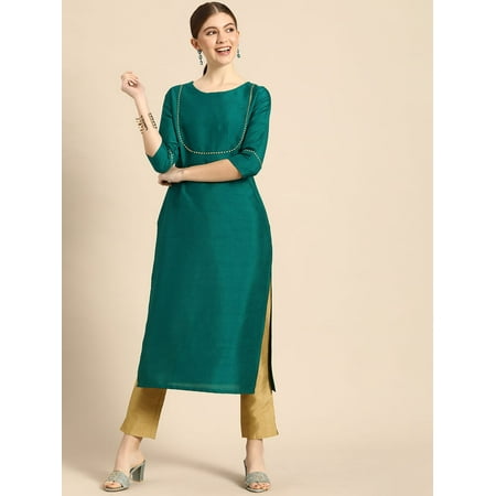 Janasya Indian Round Neck 3/4 Sleeve Solid Green Poly Silk Kurta With Pant For Women