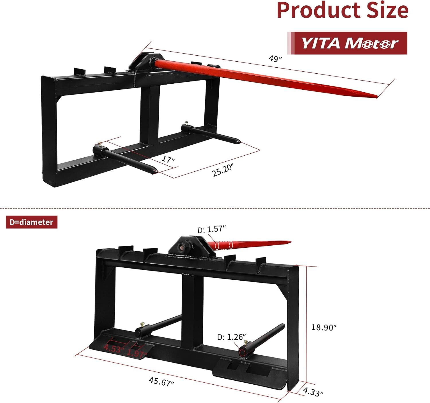 Uforic 49" Hay Bale Spear Attachment, 2000 LBS Quick Attach Fits Bobcat Skid Steer & Tractor, 1 Red 49" Main Spear + 2 Black 17" Stabilizer Spikes