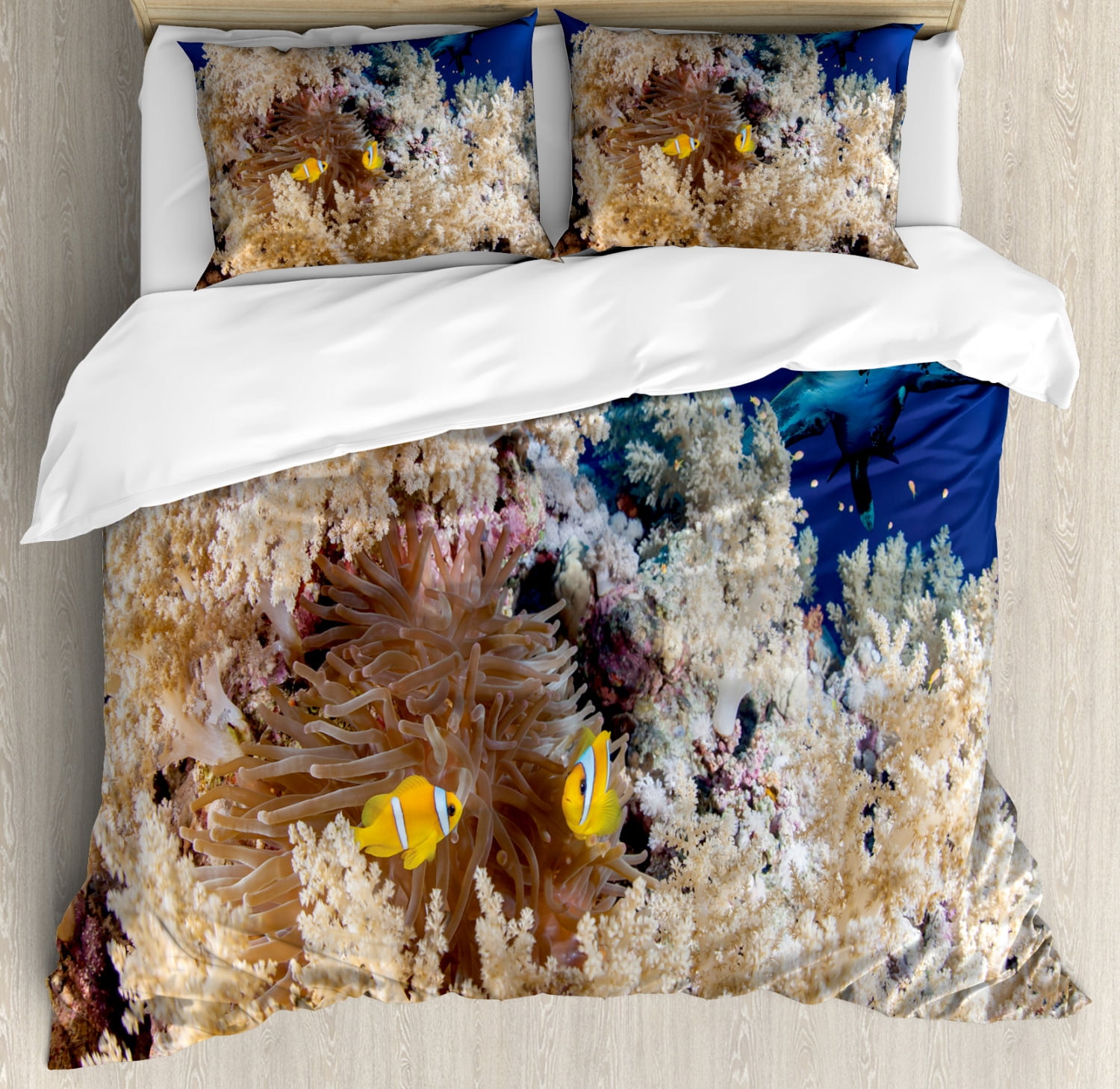 Shark Duvet Cover Set, Reef with Little Clown Fish and Sharks East