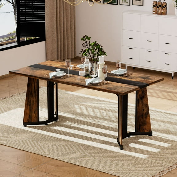 Large Waterproof Dining Table for 8 People in Dual-Color Brown and Black, Sturdy MDF Steel Design for Kitchen and Office-Brown