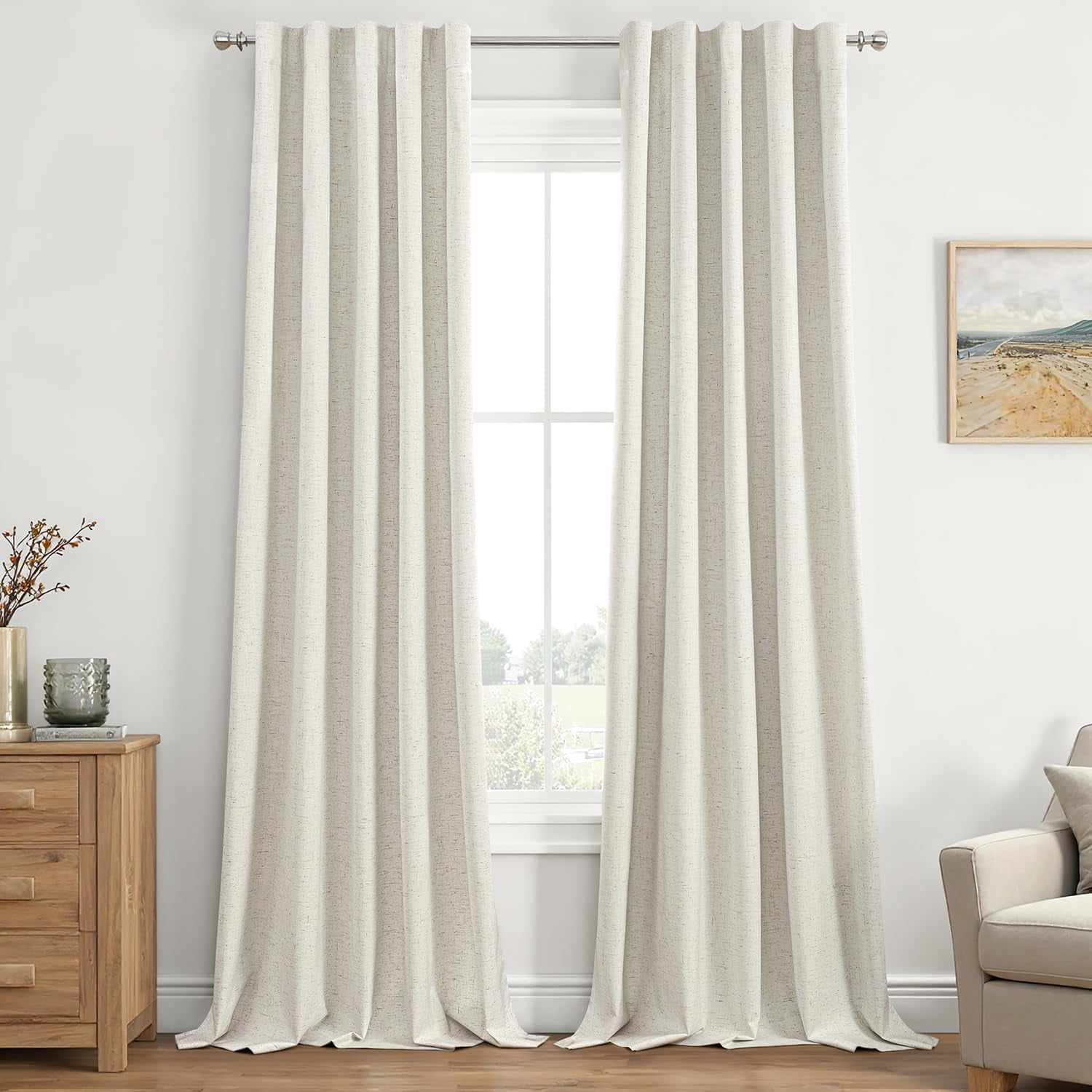 Cream Beige Linen Blackout Curtains 84 inch Long 2 Panels Set for Bedroom Back Tab Thermal Insulated 100% Black Out Drapes Pinch Pleated Hooks Room Darkening Window Curtain for Living Room