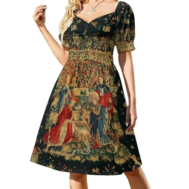 FALCONS BA Tapiz medieval antiguo rojo azul figuras de corte pájaros flores vestido de manga corta enrejado rosa