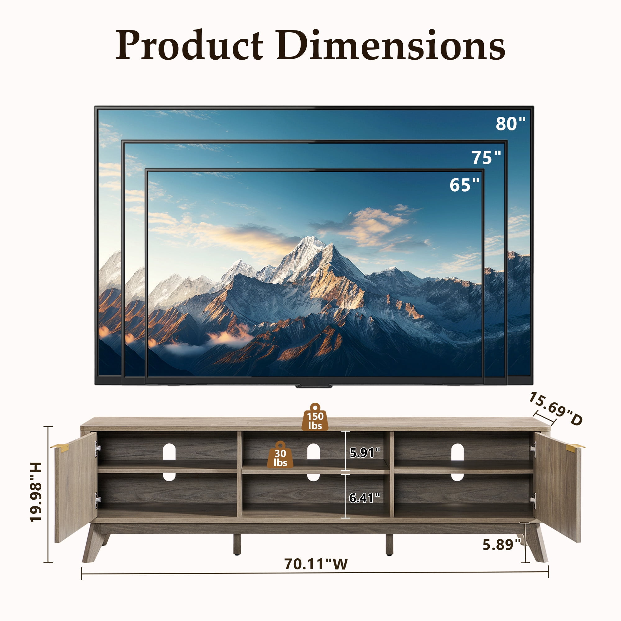 KeyWhat 70" TV Stand with 2 Soft Close Door, Modern Entertainment Center Console Table, Media Furniture for Living Room, Alder Grey