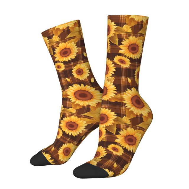 Fotbe Vintage Brown Plaid Sunflower Calcetas Largas con Estampado para Hombre y Mujer – Calcetas de Compresión Transpirables y Elásticas, Viajar y Uso Diario Talla 5-11