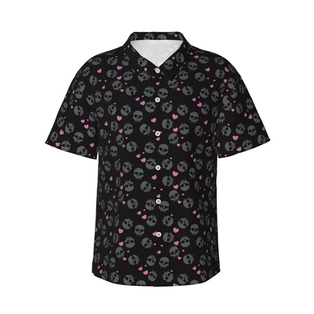 Balery Cool Skull Love Camisas hawaianas de manga corta para hombre, camisas playeras de corte holgado, camisas de vacaciones con botones,Medium