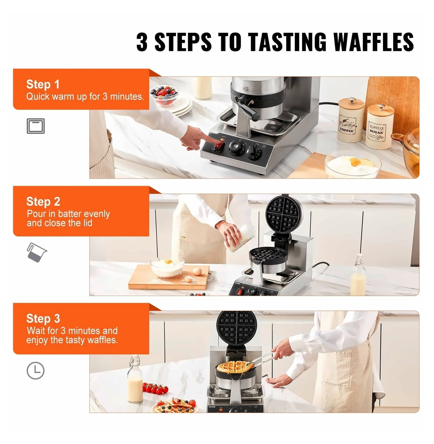 Round Waffle Maker 1300W Non-Stick - Rotatable Waffle Iron Machine 7.5 Inch Baking Plate - Adjustable Temperature 122-572°F - Stainless Steel Commercial Waffle Maker