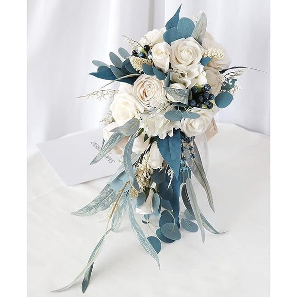Xiao Hua Ramo de novia en cascada de 23 cm, color blanco cremoso, con flores de boda en cascada, hortensias rosas y eucalipto para centro de mesa, fiesta y aniversario de boda (ramo de novia)