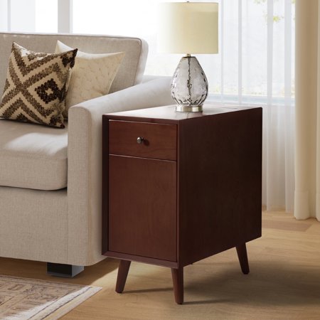 26 Modern Wooden End Table Nightstand with Charging Station Tray and Storage Shelves Walnut