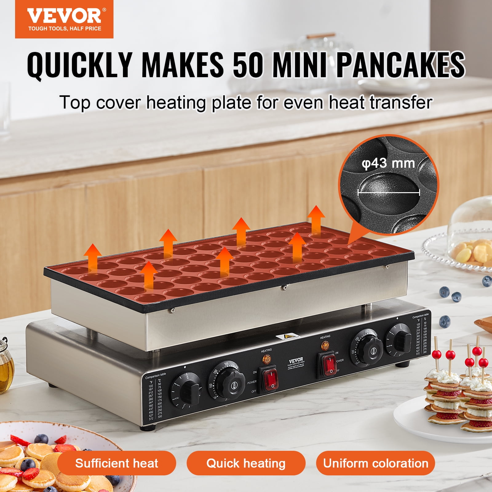VEVOR Mini Dutch Pancake Maker, 50PCS 43mm Diameter Dorayaki Baker Machine, 1700W Commercial Electric Poffertjes Grill, Non-stick Stainless Steel, Dual Temp & Time Control, Home Kitchen Restaurant