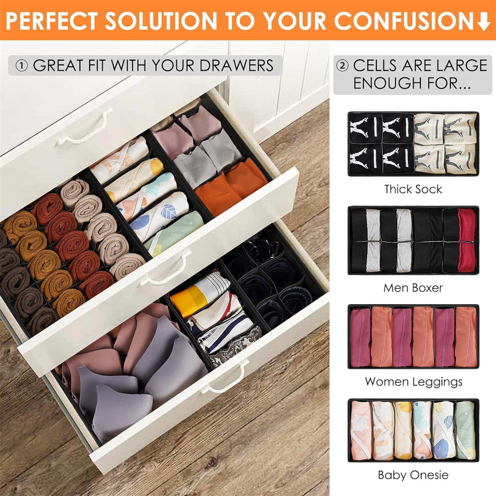 Daiosportswear Sock Underwear Organizer Dividers, 24 Cell Fabric Foldable Drawer Organizer for Dresser Closet Organizers and Storage Boxes,Large Capacity Organizing Box