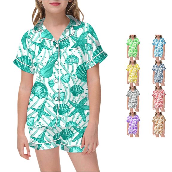 CUZIBR Girls Outfits Lapel Collar 2 Piece Sets Pajamas For Kids Children Cartoon Graphic Print Short Sleeve Button Shirt Shorts Pajama Set Clothes Sets,Mint Green,10-11 Years