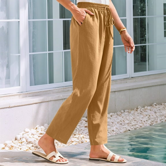 TYGHBN Women's Pants Linen Casual Pants Casual Solid Color High Waist Elastic Pocket Pants Womens Pants Elastic Waist Casual Petite on Dress Pants for Women Business Casual Belt Pants for Women Pants
