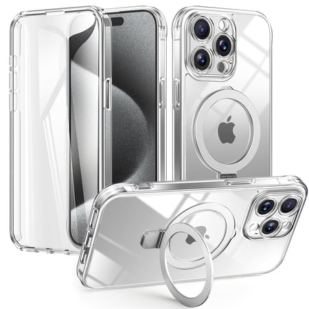 Dteck MagSafe Clear Case for iPhone 15 Pro Max with Screen Protector, Shockproof Adjustable Kickstand Transparent Back Protective Phone Cover, Clear