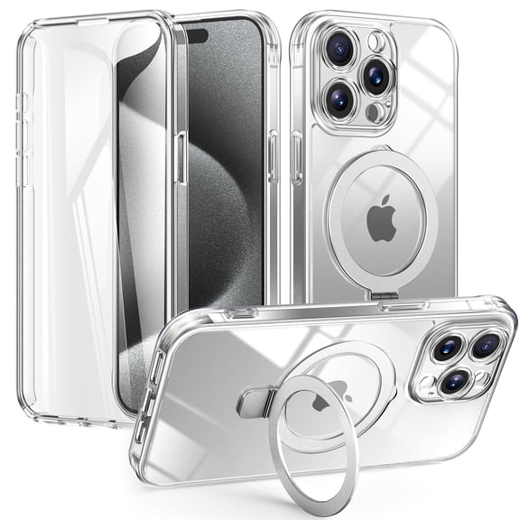 Dteck MagSafe Clear Case for iPhone 15 Pro Max with Screen Protector, Shockproof Adjustable Kickstand Transparent Back Protective Phone Cover, Clear