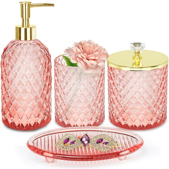 Haturi Pink Bathroom Accessories Set, 4 Pcs Glass Bathroom Accessory Set Complete w/Soap Dispenser, Toothbrush Holder, Qtip Holder, Vanity Tray, Gold Bathroom Set Decor, Gift for Girl Home Apartment