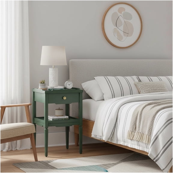 JERFIT Mid-Century Modern Nightstand with Drawer, Antique Green Solid Wood Bedside Table, Vintage Bedroom Storage End Table with Gold Pull and Lower Shelf