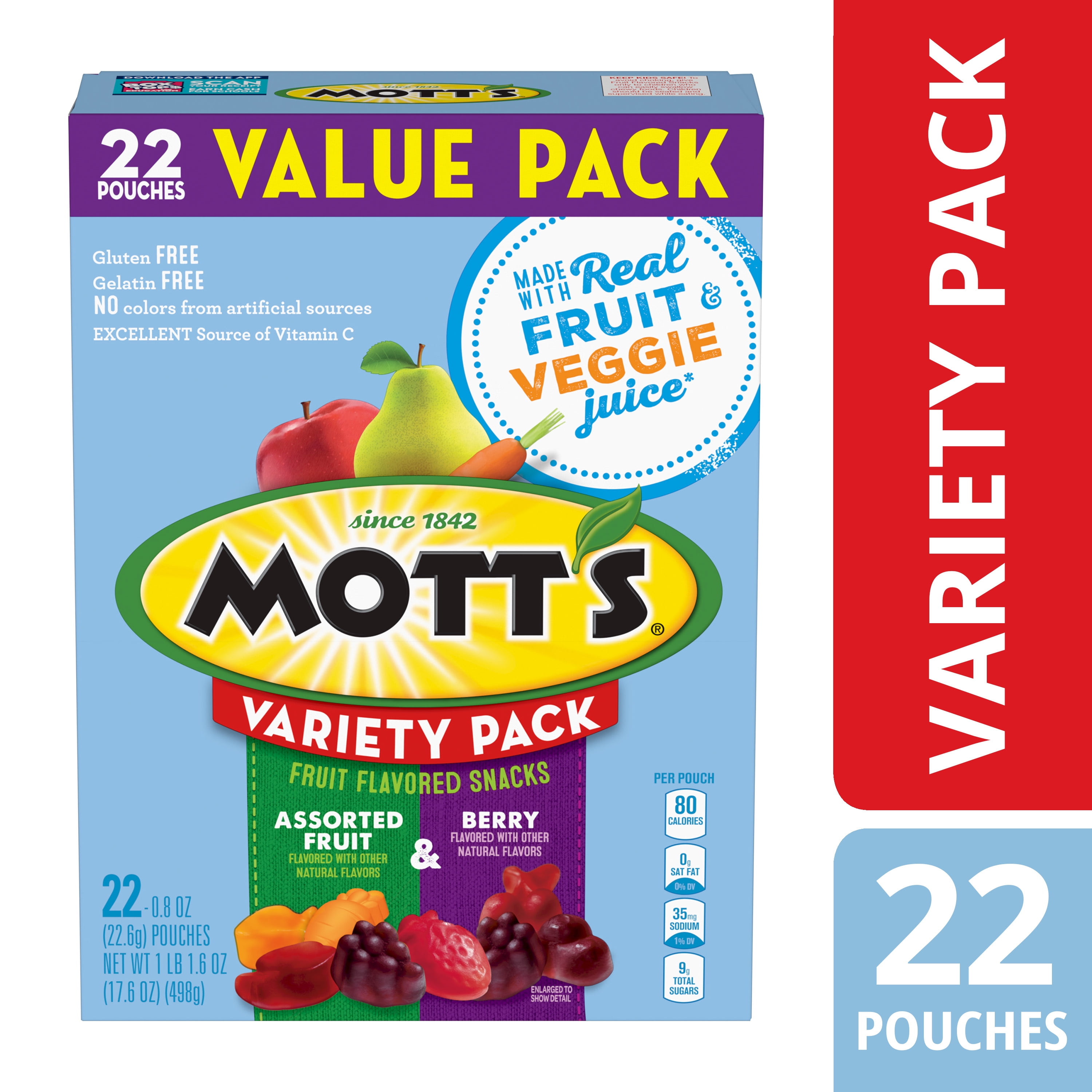 Mott's Berry and Assorted Fruit Flavored Snacks, Gluten Free, Value Pack, 22 Count, 17.6 oz