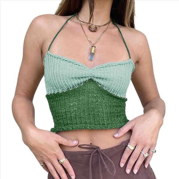 Tops de Crochet con Cuello Halter para Mujer, Camisetas Sin Mangas de Punto, Camisola Corta de Verano Y2K, Chaleco. Verde M