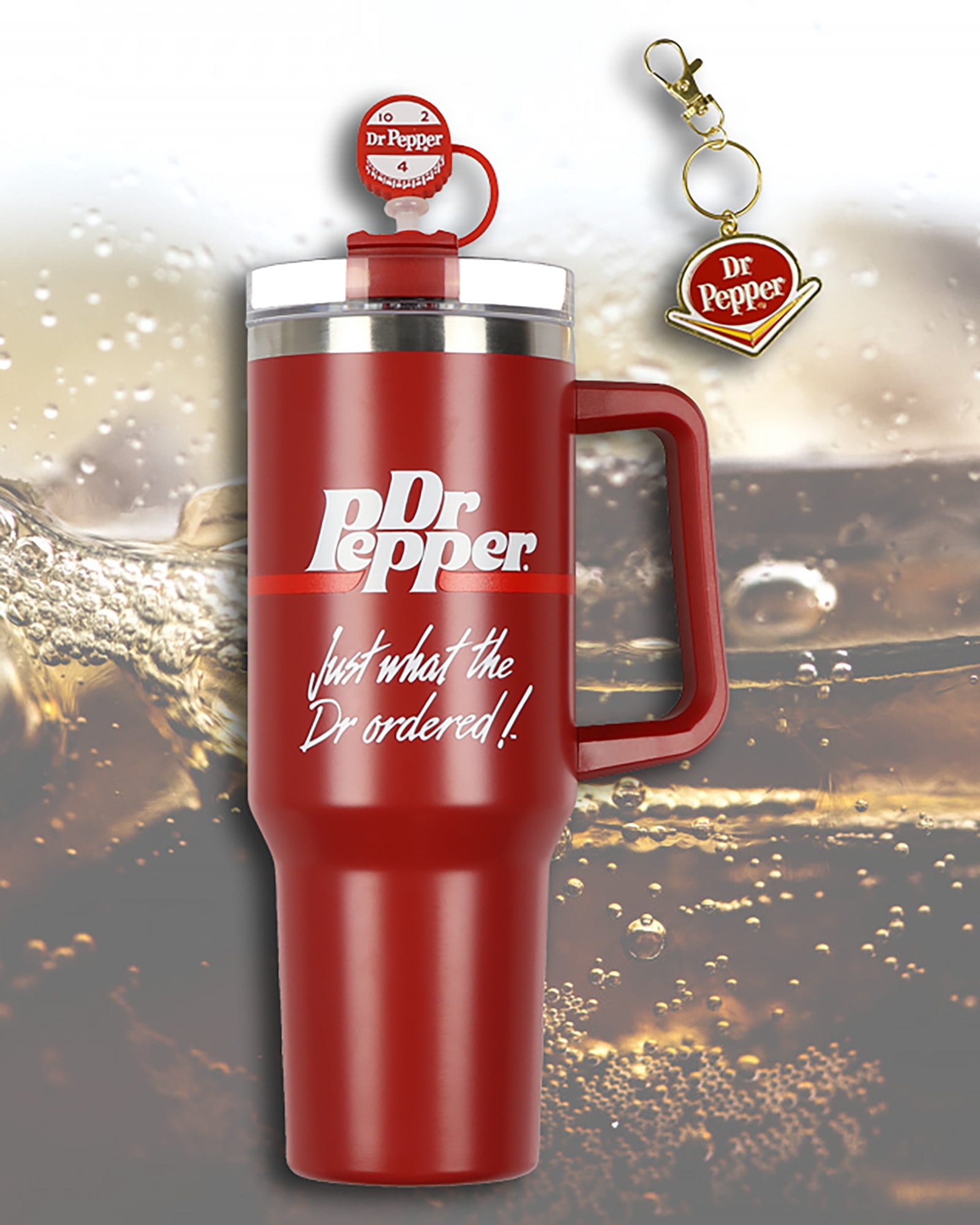 Dr Pepper 30-oz Stainless Steel Tumbler Cup Set with Handle Straw Cover Topper Retro Logo Keychain Insulated Travel Mug