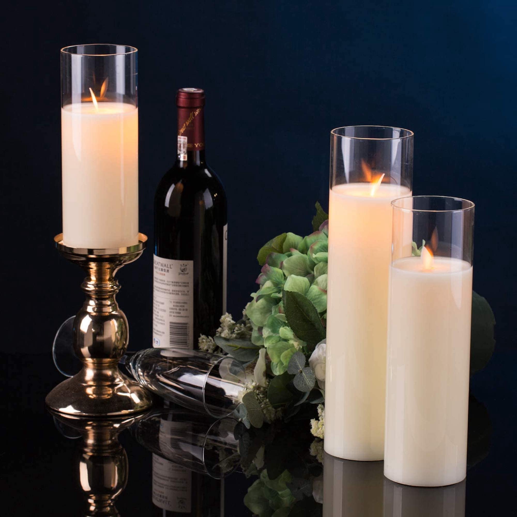 Big Size Candles Set of 8" 10" 12" Glass Flameless Candles  Battery Operated Real Wax Pillars Glass LED Candles with Remote Control Cycling Timer