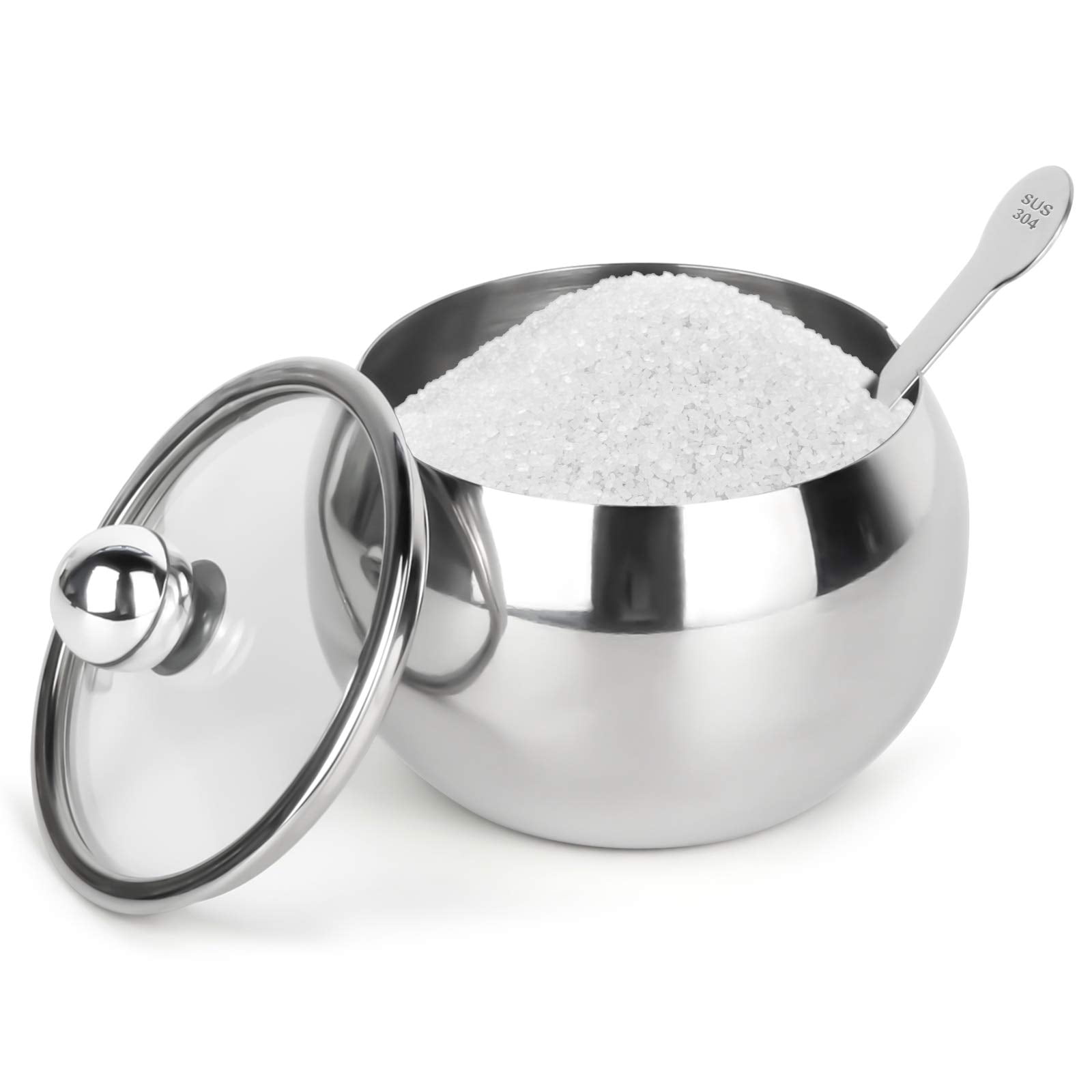 Stainless Steel Sugar Bowl with Clear Lid and Sugar Spoon 8.1 Ounces