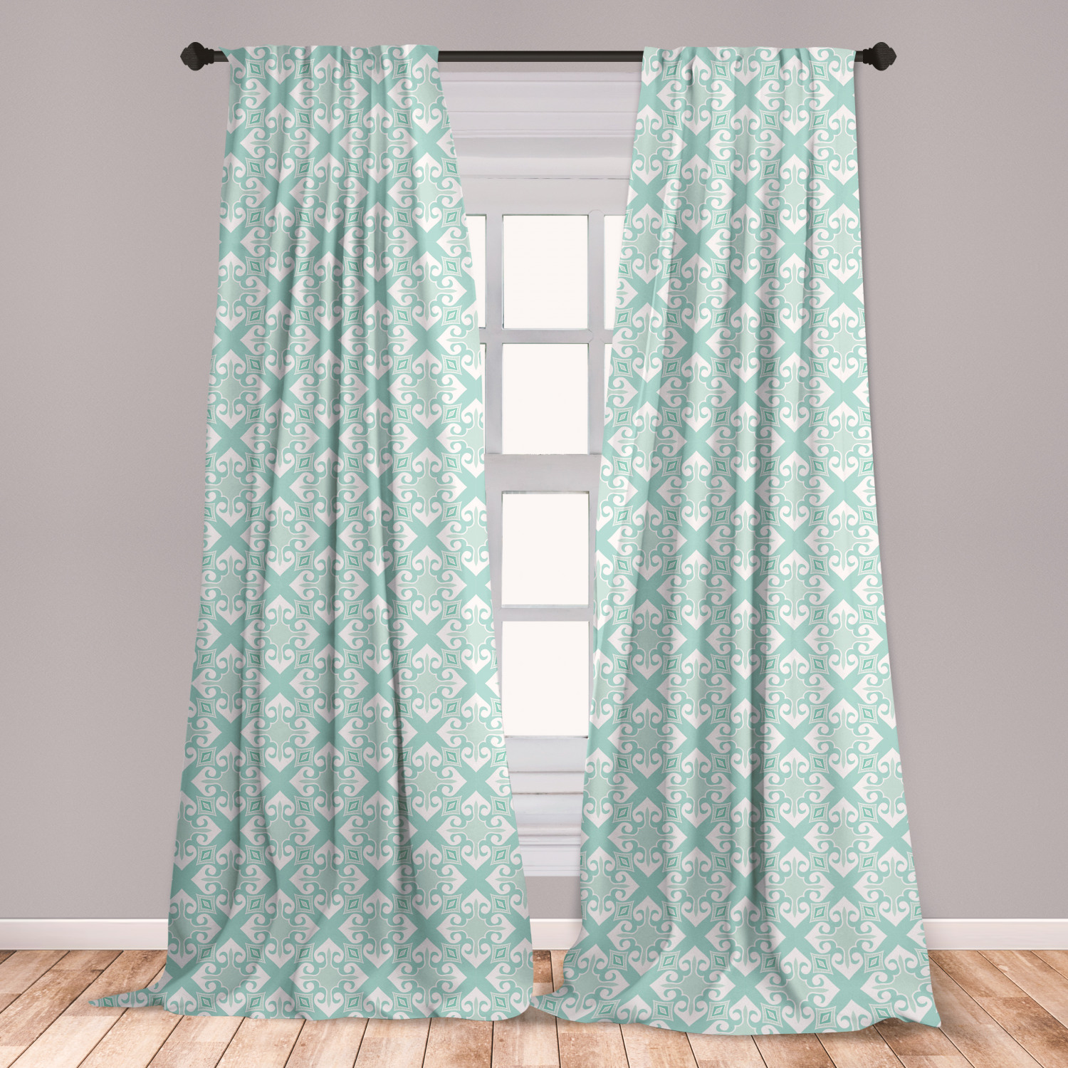 Teal and White Curtains 2 Panels Set, Old Fashioned Abstract Mosaic