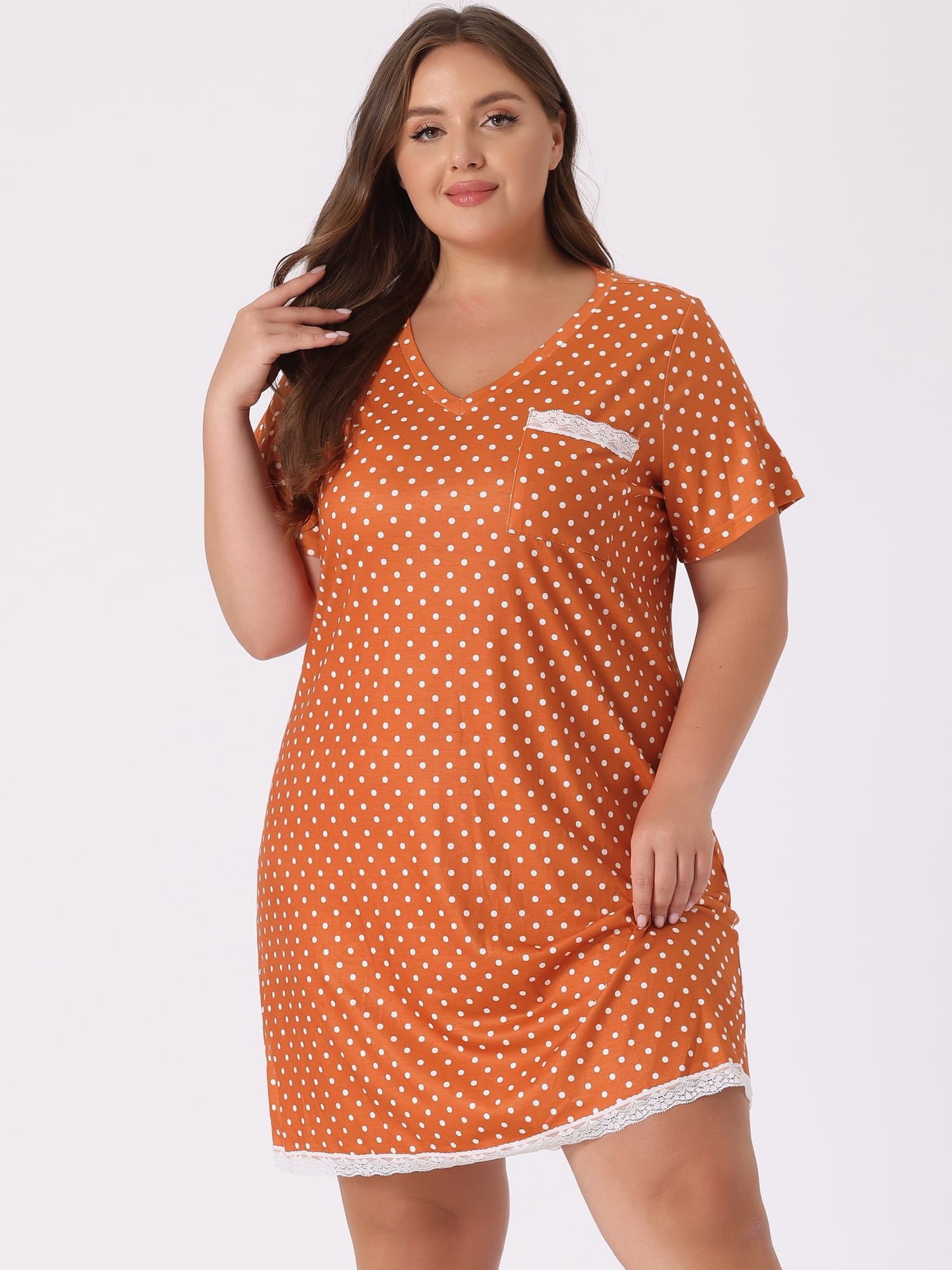 DARING DIVA Women's Plus Size Soft Short Sleeve Lace Trim Pajama Dress 1X Orange
