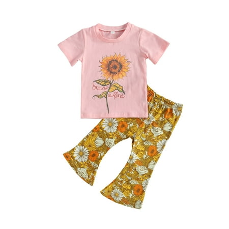 

Qtinghua Toddler Baby Girls Summer Outfits Letter Sunflower Print Short Sleeve Tops Shirt Flared Pants Set