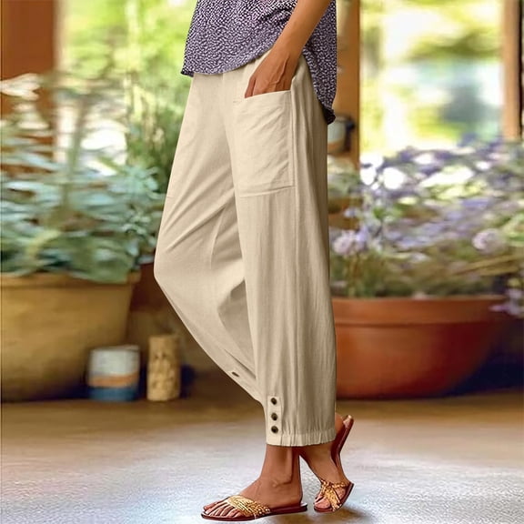 Delayuji Womens Cotton Linen Pants Summer High Waisted Wide Leg Long Pant Trousers With Pocket Casual Loose Pants