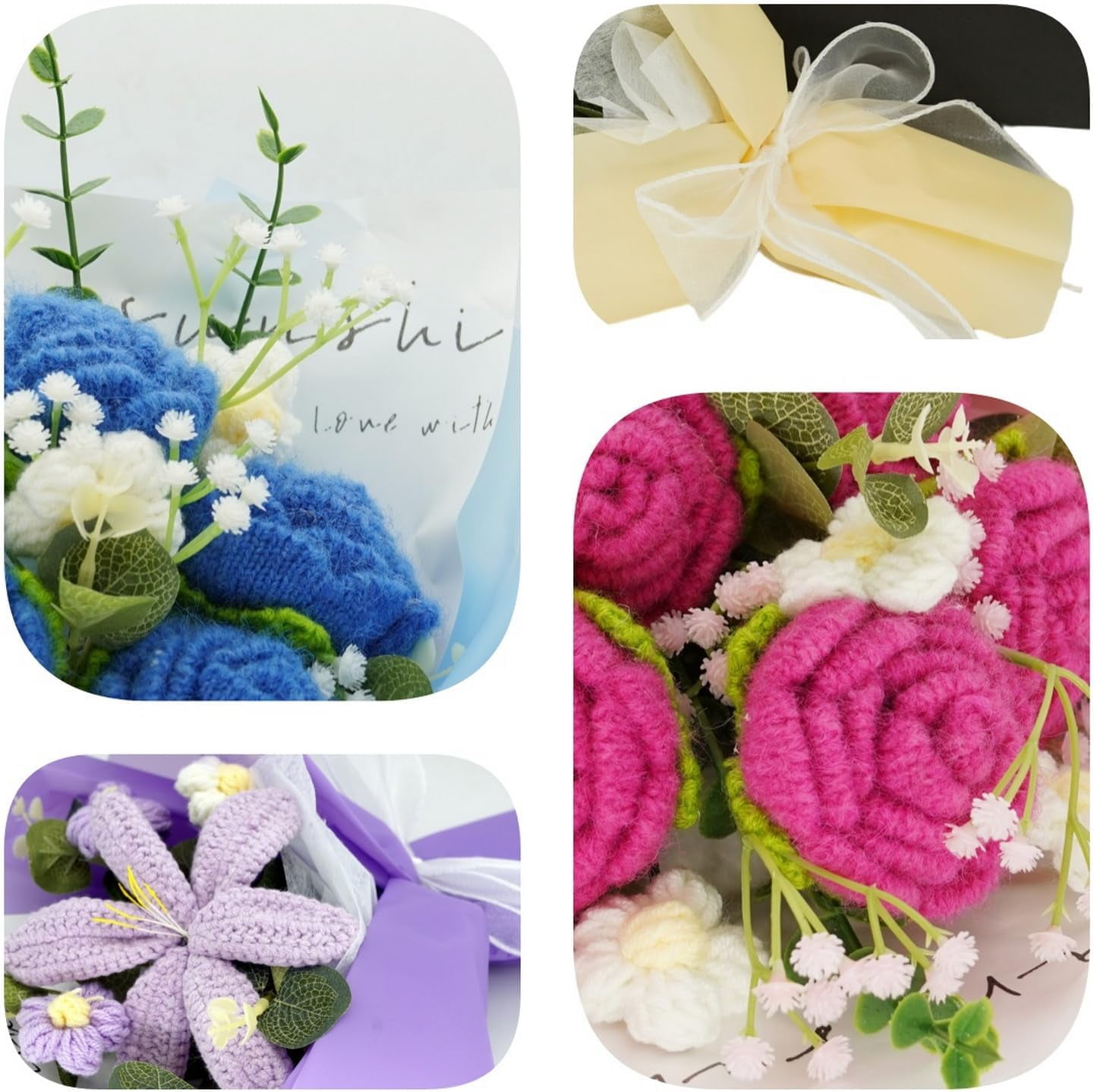 Handmade Crochet Flower Bouquet in Large 3 Flowers - Knitted Tulips & Roses in Multiple Colors, Faux Knitted Flower Arrangement for Home Decor, Weddings, Birthdays, Anniversaries, Graduation Gifts