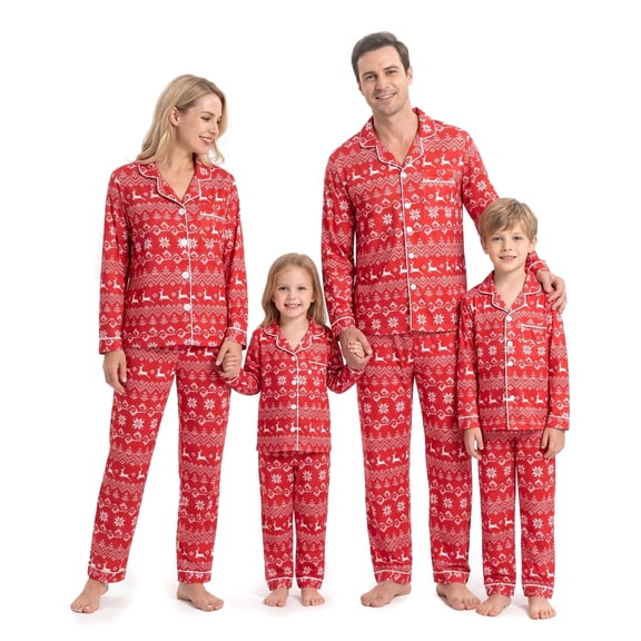 NIPAXO Family Matching Christmas Pajamas Set Long Sleeve Button-Down Holiday Sleepwear Nordic Fair Isle Print with Reindeer & Snowflakes for Dad Mom Kids