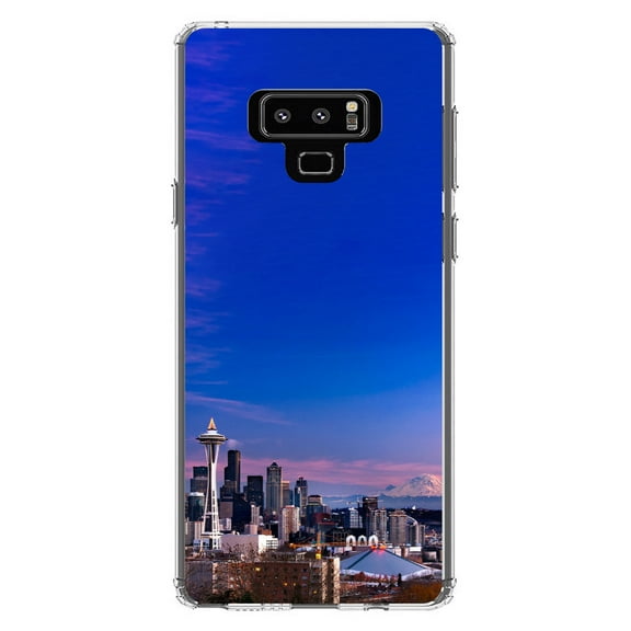 DistinctInk Clear Shockproof Hybrid Case for Samsung Galaxy Note 9 - TPU Bumper, Acrylic Back, Tempered Glass Screen Protector - Seattle Skyline Night - Seattle