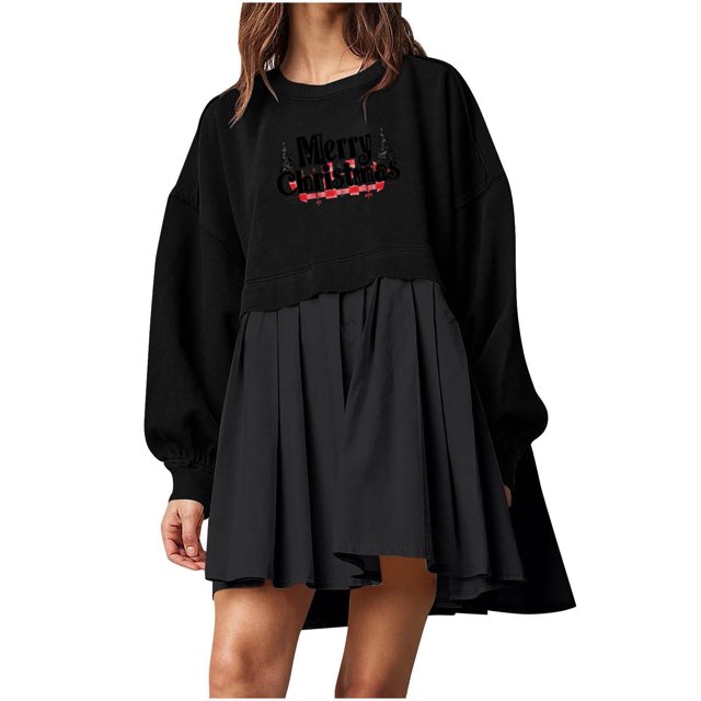 Pisexur Robes de Noël pour Femmes Mode Imprimé Noël Robes de Vacances Décontractées Col Rond Manches Longues Robe Fluide à Étages Mini Robe de Fête