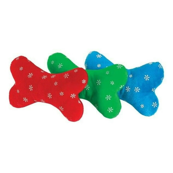 Blizzard Bones Dog Toys Seasonal Plush Holiday Bright Snowflake Pattern Squeaker (Large Set - All 3 Colors)