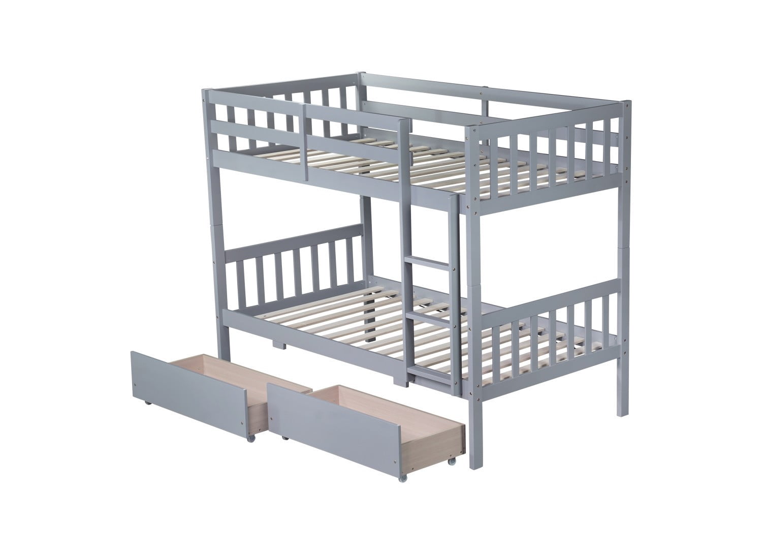 Twin Over Twin Rubber Wood Bunk Bed with Storage Drawers, Convertible Wood Bunk Bed Frame with Safety Guardrails and Ladder, Space Saving Kids Bed for Bedroom, Grey