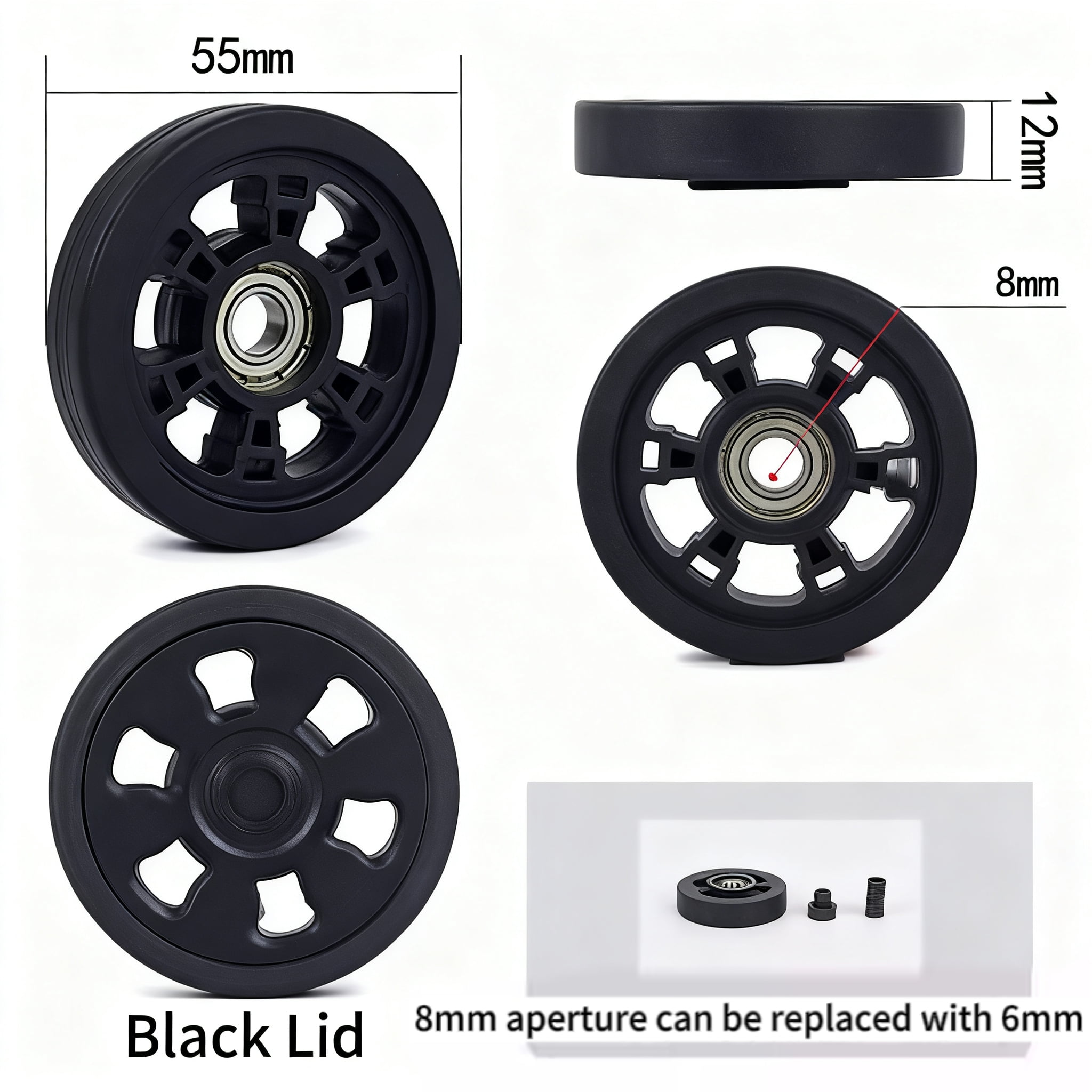 Luggage Wheels Replacement Kit 55mm x 12mm Black Rubber Wheel with Screws Axles Bearings Wear Resistant Mute Suitcase Wheels for Replacement Luggage Suitcase Caster Black 4pcs