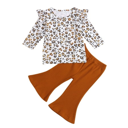 

IZhansean Toddler Baby Girl Fall Outfit Leopard T-Shirt Top Knitted Flared Pants Clothes Set Yellow 12-18 Months