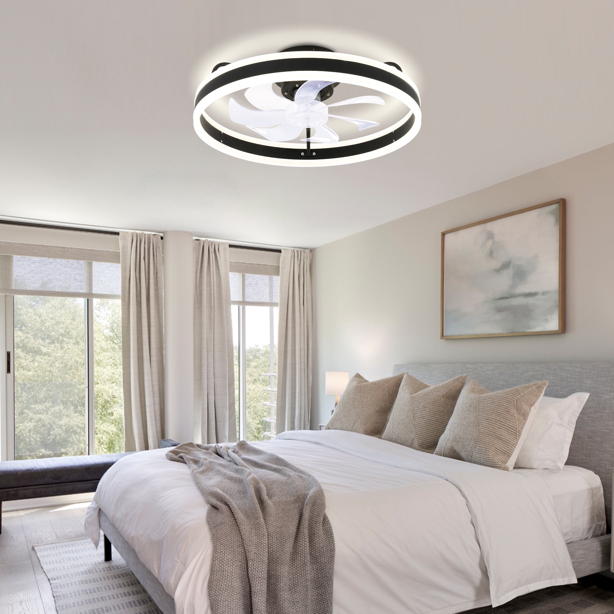 Bella Depot 19.6" Modern Flush Mount Ceiling Fan with Integrated LED Light, 6-Speed with App and Remote Control