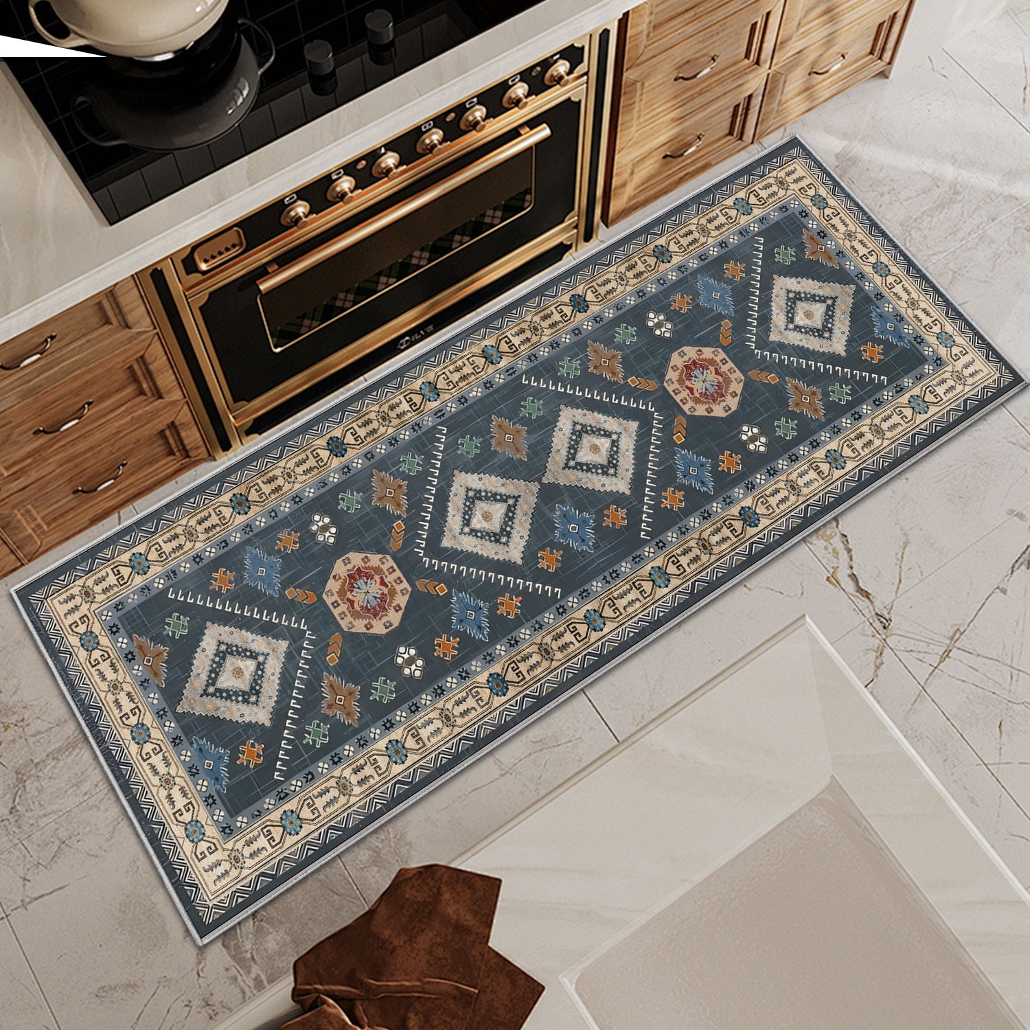 TECHVIDA Kitchen Rugs 3 Piece Set,Non Slip Machine Washable Kitchen Mats,Boho Vintage Abstract Kitchen Carpet for Farmhouse Living Room Hallway