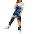 thumbnail image 2 of Sentmoon Rompers for Girls Spaghetti Strap Sleeveless Regular Jumpsuits V Neck Hawaiian Palm Tree Print Summer Overalls with Pockets Comfy Kids for Weekend Brunch Blue 7 Years, 2 of 3