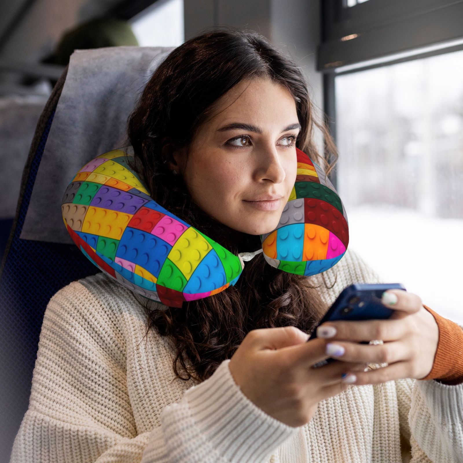 Xecao Colorful Plastic Blocks Pattern Print Memory Foam Cervical Neck Pillow Versatile U-Shaped Pillows for Home,Office,Camping,Travelling,Soft Washable Cover
