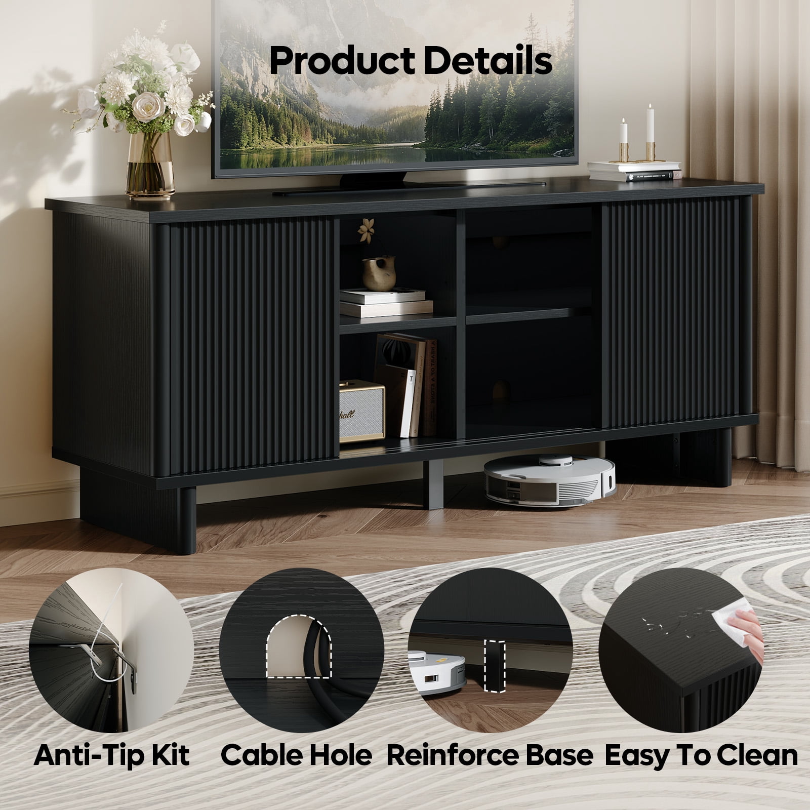 Bestier Fluted TV Stand for 65 inch TVs,Entertainment Center with 4-Sliding Doors,Height Adjustable Shelves,Media Console Table with Cable Management, TV Cabinet for Living Room,Black