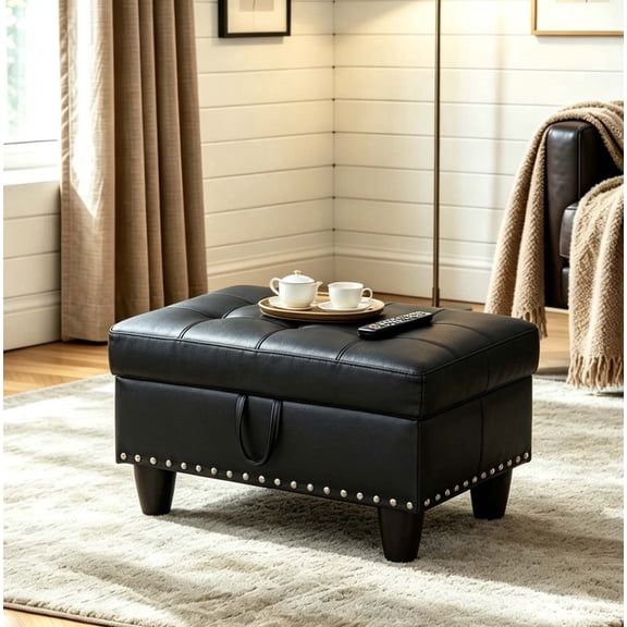 Jiayuan song Modern Black Faux Leather Rectangular Storage Ottoman Large 1-Pack