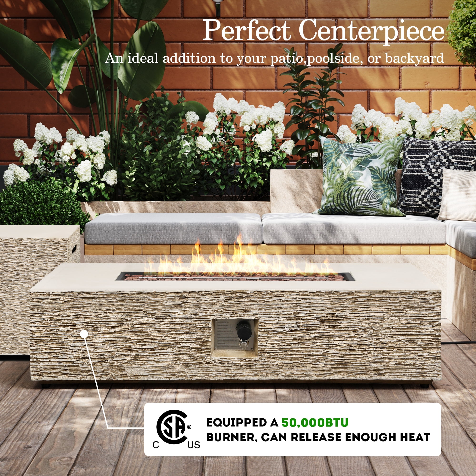UPHA 56-inch Outdoor Propane Rectangle Fire Pit Table 50000 BTU Gas Concrete FirePit for Outside Patio with Lava Rocks, Rain Cover, Beige