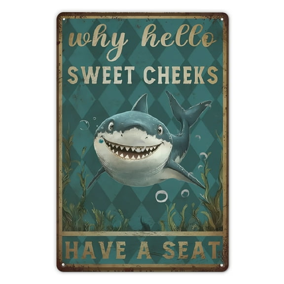 Wall Decor For Home Kitchen Bathroom Farm Garden Garage, Shark Metal Sign Why Hello Sweet Cheeks Have A Seat Vintage Sign Funny Bathroom Sign for Home Kitchen Bathroom Garden Bar 8x12inch Wall Decor