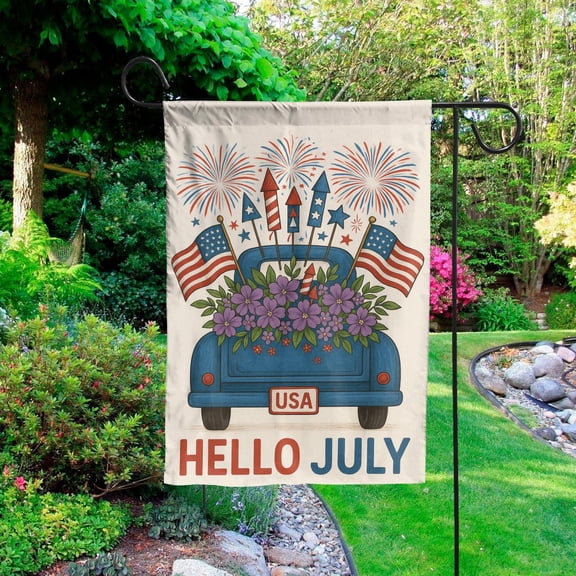 Hello July Patriotic Truck Garden Flag, 4th of July Yard Decor, Summer Outdoor USA Welcome Sign