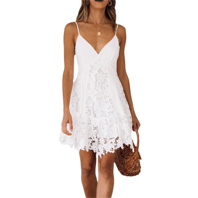 Gupgi Robe Blanche en Dentelle pour Femme à Bretelles Spaghetti, Mini-Robe à Col en V, Robe de Plage
