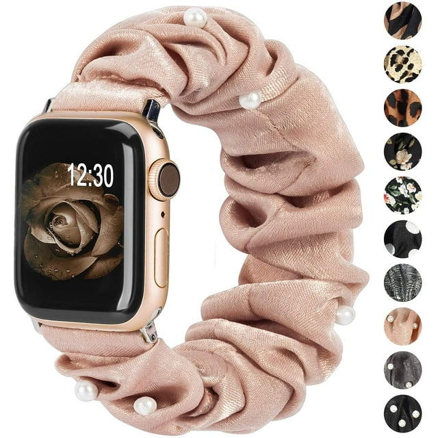 Compatible with Watch Band Scrunchie 42mm 44mm Women Elastic Strap Soft Cloth Fabric Pattern Printed Sport Replacement Wristbands iWatch Series 6 5 4 3 2 1 (Rose Gold/Pearls, Small)
