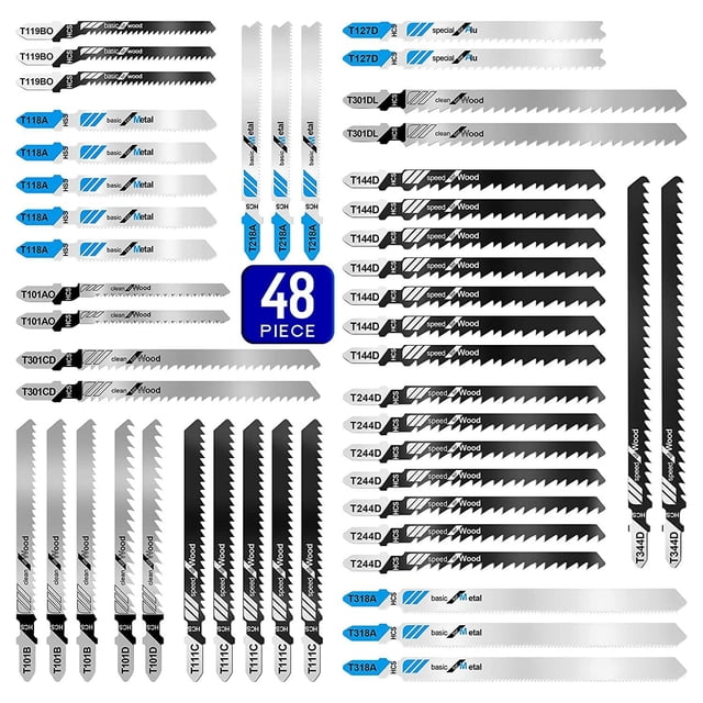 Jigsaw Blades Set 48pcs,Contractor Assorted T Shank Jig Saw Blades,Multi-Purpose HCS/HSS Saw Blades for Cutting